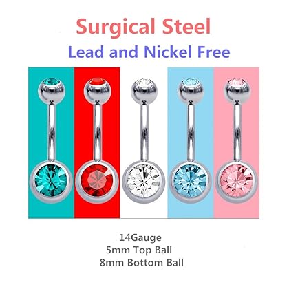 15 PCS Assorted Colors Belly Button Ring Surgical Steel Hypoallergenic Lead and Nickel Free,14 Gauge Navel Piercing Body Jewelry (15 PCS:Steel Ball)