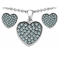 Simulated Aquamarine Heart Shape Love Pendant Necklace with matching earrings Sterling Silver