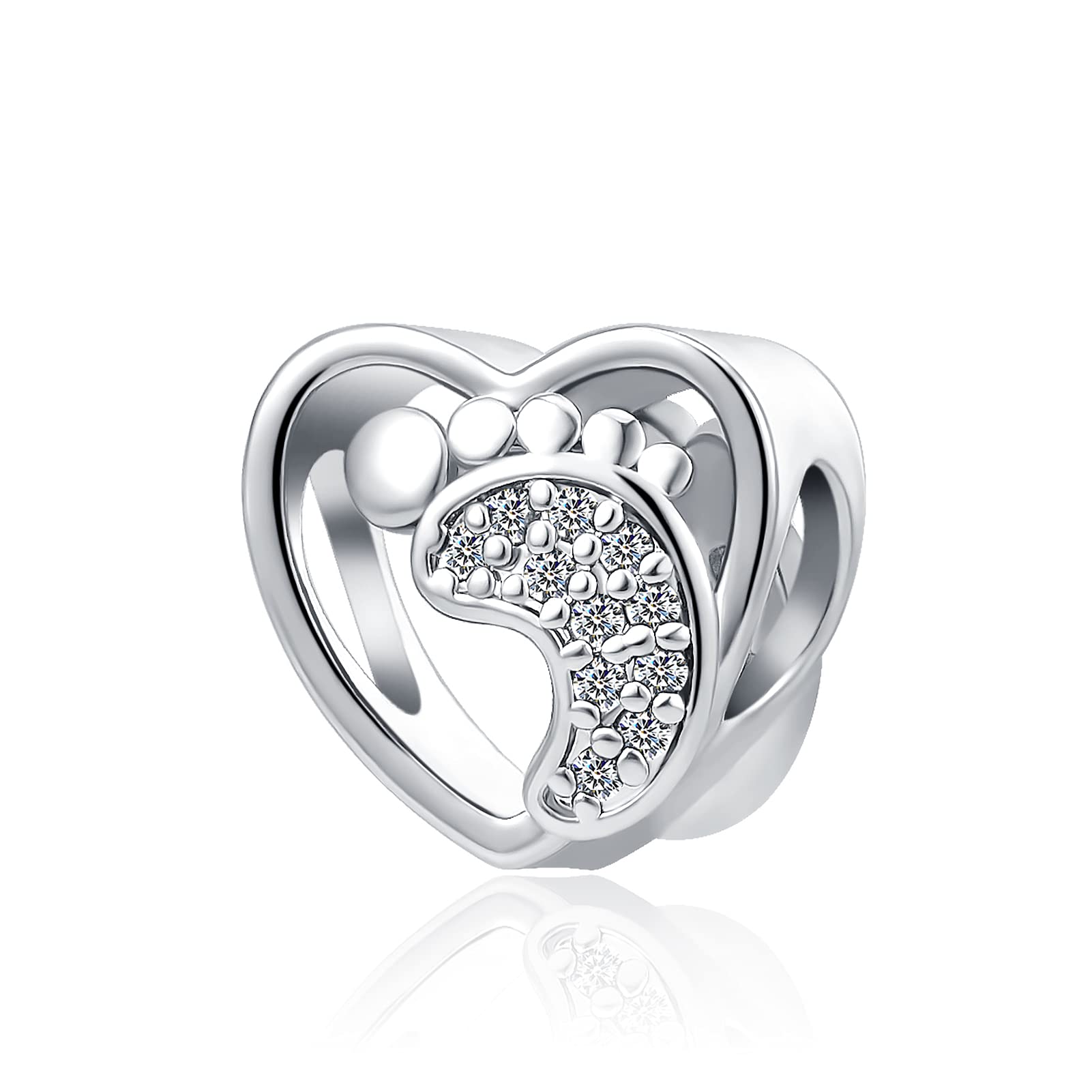QeenseKc Baby First Feet Charm Openwork Heart Footprint Bead for New Mom Gift for Pandora Charm Bracelet