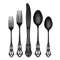 EUIRIO 30 Pieces Royal Silverware Set for 6, Retro Gorgeous Flatware Set Black, Premium Stainless Steel Vintage Cutlery Set with Forks Spoons and Knives, Dishwasher Safe