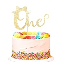 One Cake Topper, Cat Cake Toppers, Cat Theme Baby Boys or Girls 1st Birthday Party Decorations, Gold Glitter