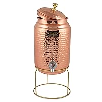 Pure Hammered Copper Water Dispenser with Tap & Stand Matka Water Jug Copper Pot 5 Liter With 2 Copper Hammered Water Glasses, Brown, Dispenser - 5 liter
