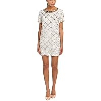 Womens Ivory Poplin Beaded Slitted Button Clasp Keyhole in Back Lin Short Sleeve Cowl Neck Above The Knee Cocktail Shift Dress 10