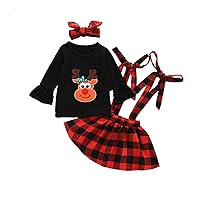 Wakeu Toddler Baby Girls Christmas Outfit Cotton Ruffle Long Sleeve Tops + Plaid Suspender Skirt Headband Clothing Set