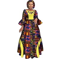 Womens African Party Maxi Dress Double Layered Bell Sleeve Long Dress & Headwrap