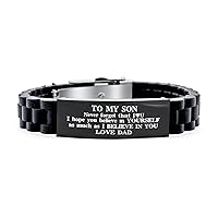 Bling Jewelry Personalized To My Son Courage Inspirational Identification ID Bracelet for Son Grandson Step-Son Black Stainless Steel Trim-to-Fit Adjustable Silicone Rubber Comfort Fit Wristband