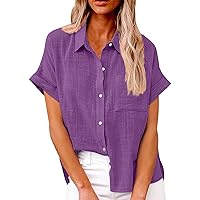 Women's Summer Dreesy Casual Blouse Short Sleeve Cotton Linen Shirt Collared Button Down Business Casual Shirt