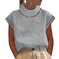 Women High Neck Hollow Trim Cotton Linen T-Shirts Cap Sleeve Zipper Back Trendy Tops Summer Casual Solid Tee Blouses