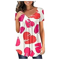 Women Blouses,Tunic Plus Size Short Sleeve Summer Shirt Love Printed Sexy Button V-Neck Blouse for Valentine's Day