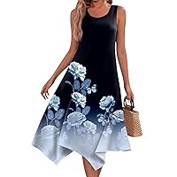 Womens Long Dresses Summer Summer Dresses for Women 2024 Vintage Floral Print Casual Fashion with Sleeveless Round Neck Flowy Swing Dress Royal Blue Medium