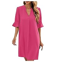 Todays Daily Deals Sales Deals Women's Summer Casual Dress V Neck Short Sleeve Tshirt Dress Solid Loose Fit Sundress Fashion Beach Vacation Dresses Dress for Women Hot Pink