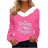 I'm Dreaming of A Wine Christmas Sweatshirts Women Furry V Neck Sweater Xmas Letter Print Long Sleeve Pullover Tops