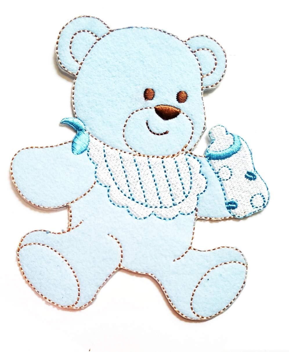 Nipitshop Patches Cute Lovely Baby Teddy Bear Bottle of Milk Blue Cartoon Embroidered Patches Embroidery Patches Iron On Patches Sew On Applique Patch Cool Patches for Men Women Boys Girls Kids
