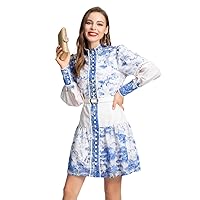 Women Evening Gown Dress White Floral Long Sleeve Mini Dress with Belt