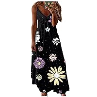 Stylish Club Tanks Summer Long Sundress Women Comfortable Cotton Baggy Camisole Tops V Neck Cami Floral Sundress for Women Sky Blue