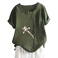 Summer Tops for Women 2024 Short Sleeve Shirts Button Cotton Round Neck Vintage and Hemp Solid T-Shirt Top