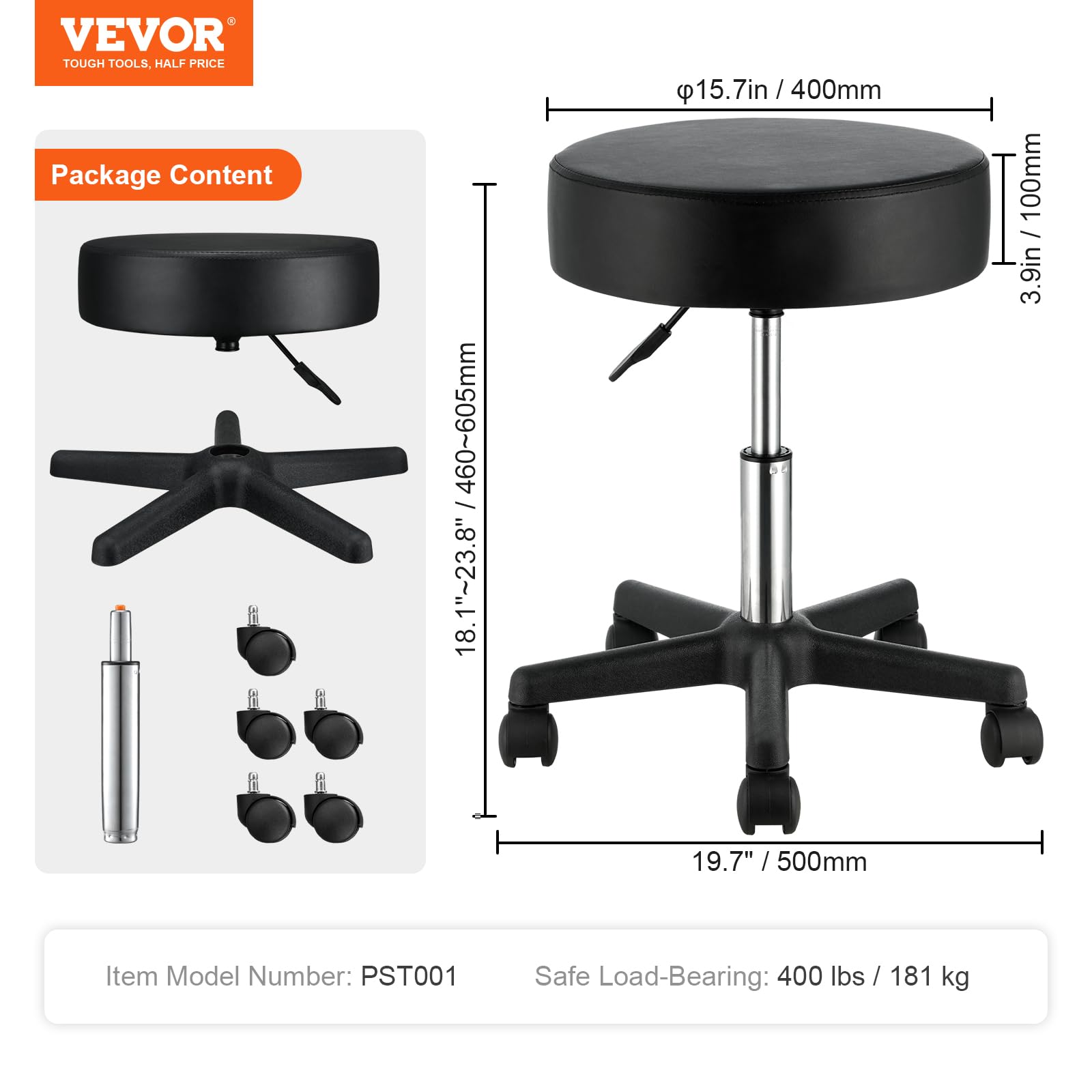VEVOR Rolling Stool with Wheels, 400 LBS Weight Capacity Adjustable Height Stool with Ultra-Thick Seat Cushion, Swivel Stools Chair for Salon, Bar, Home, Office, Tatoo, Medical, Massage, Black