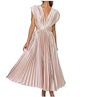 Womens A Line Pleated Dress Elegant Loose Swing Dress Sleeveless Deep V Cinch Waist Casual Formal Dress Evening Dress