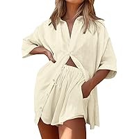 Gafeng Womens 2 Pieces Linen Set V Neck Short Sleeve Button Down Shirt Blouses & Shorts Summer Loose Fit Outfits