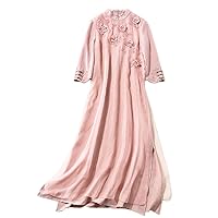 Everyday Dress Silk Organdy Chinese Embroidery Dress Loose Style of Vertical Collar BuckleH1785