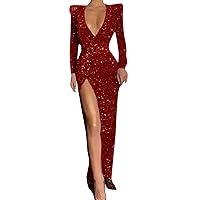 Cocktail Midi Dresses for Women,Women's Long Sexy Deep V Long Sleeved Embroidered Sequined Slit Dress Wedding G