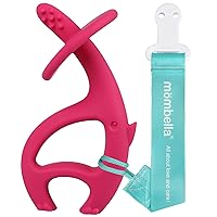 Mombella 2 in 1 Elephant Teether & Pre-Training Toothbrush, Infant Teething Toys for Babies 3-12 Months with String to Clip on, Soft Silicone Teether Toy 6-9 Month Old, Safe Baby Chew Toys, Dark Pink