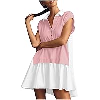 T Shirt Dresses for Women Summer Dress Casual Trendy Color Block Short Sleeve Lapel V Neck Button Up Henley Sweatshirt Dress