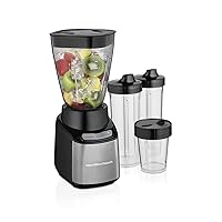 Hamilton Beach Stay or Go Blender for Shakes and Smoothies with 32oz Shatterproof Jar, 8oz Grinder for Nuts & Spices, 2 Portable Travel Cups with Lids, 650 Watts, BPA Free, Black and Silver (52400)