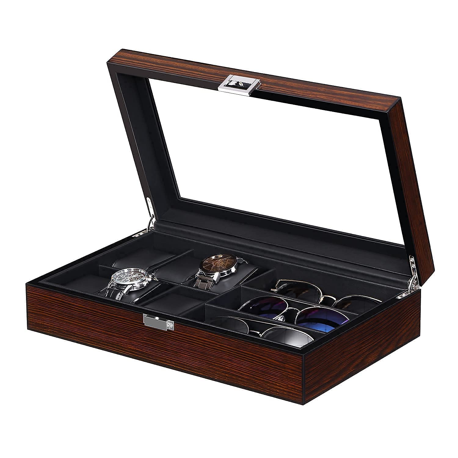 BEWISHOME Watch Box Organizer with Valet Drawer & 6 Watch Case and 3 Slots Sunglasses Box for Men Bundle
