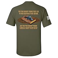 Patriot Pride Collection Creation of Our Nation Gun and Holy Bible American Flag Sleeve Men's Short Sleeve Graphic Tee-Military Green-XL