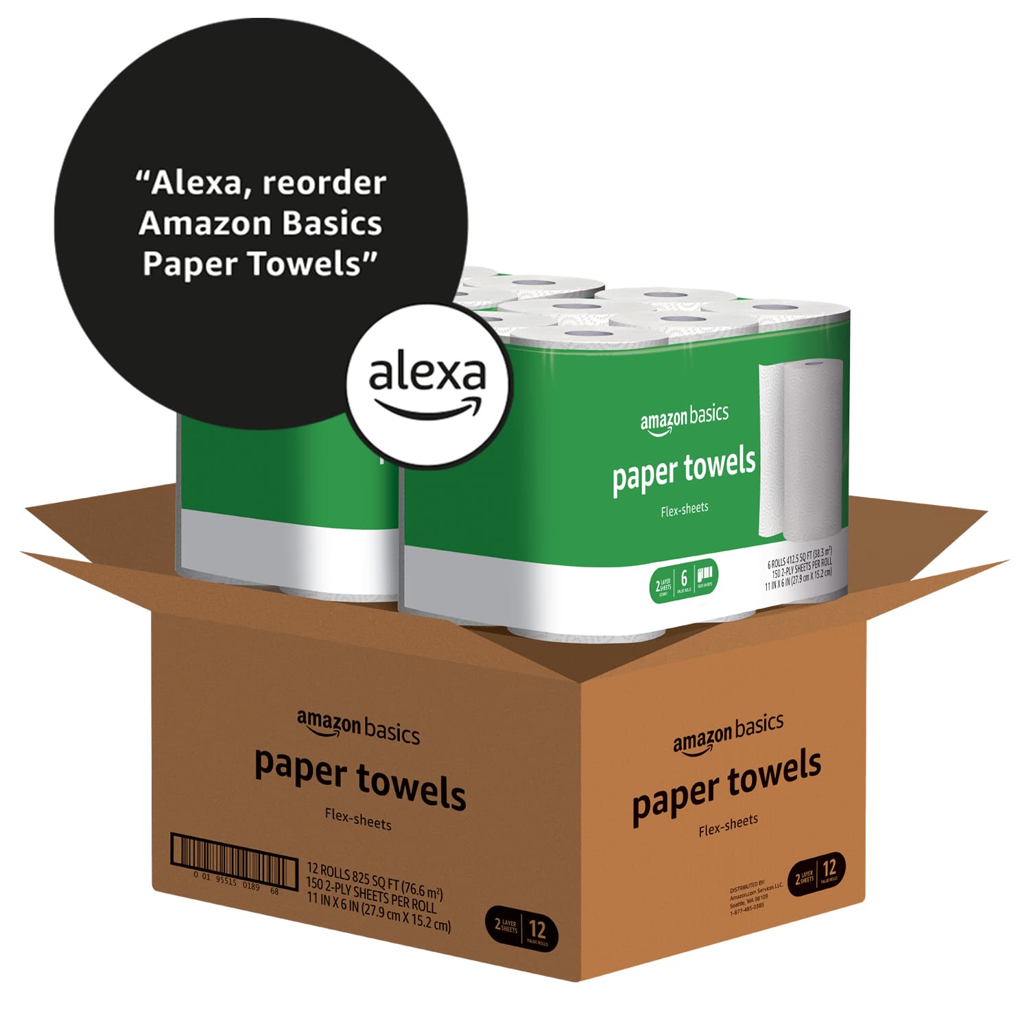 Amazon Basics 2-Ply Paper Towels, Flex-Sheets, 150 Sheets per Roll, 12 Rolls (2 Packs of 6), White