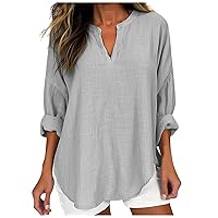 Linen Shirts for Women Summer Long Sleeve V-Neck Blouse Tops Casual Lightweight Solid Color Spring Clothes