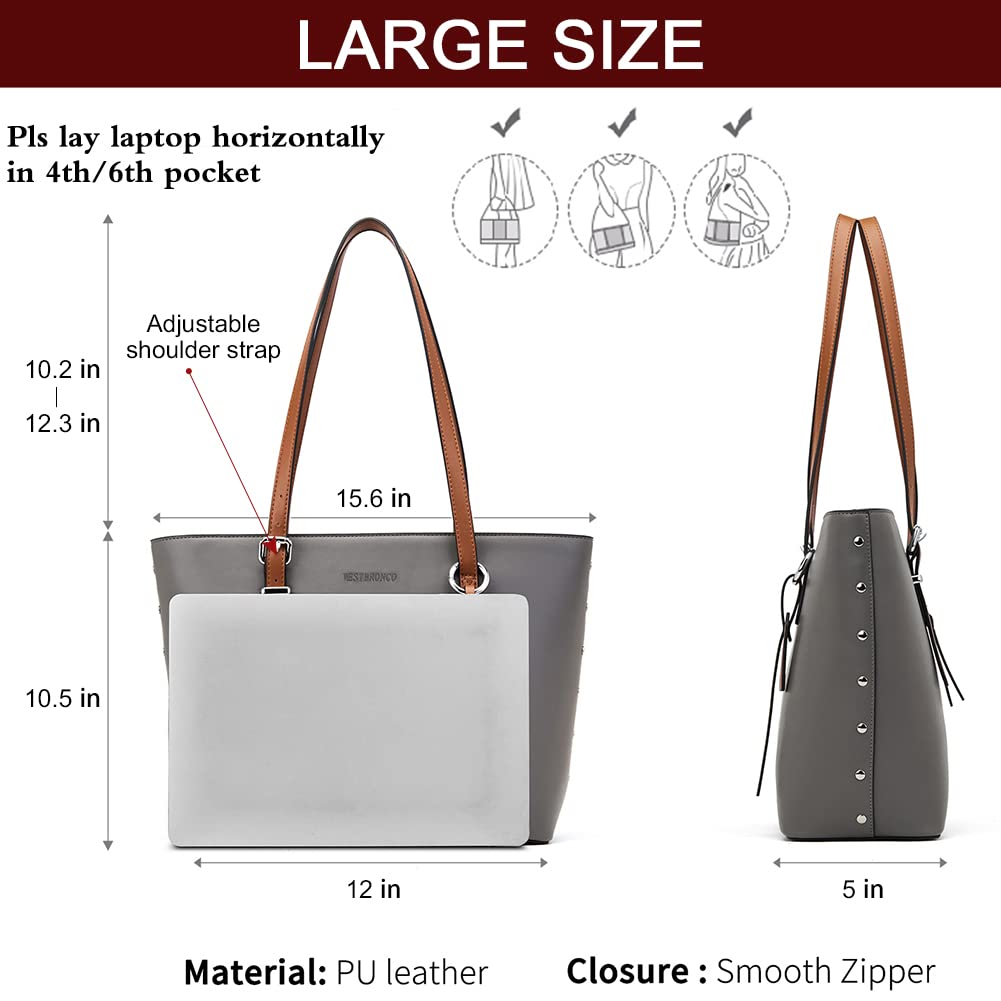 WESTBRONCO Bundle Women Leather Handbags Purses Designer Tote Shoulder Bag for Daily Work Travel 2 Grey Tote Bag