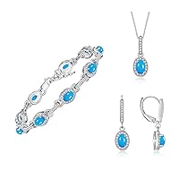 Matching Jewelry Set Designer Halo Birthstone: 6X4MM Gemstone & Diamonds, Sterling Silver. Tennis Bracelet, Earrings & Necklace. Adjustable 7