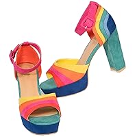 LEHOOR Women Rainbow High Chunky Heel Sandals Platform Round Peep Toe Ankle Strap Pumps Suede 4 Inch Block Heel Multicolor Buckle Summer Heels Cute Chic Dress Party Sandals 4-11 M US