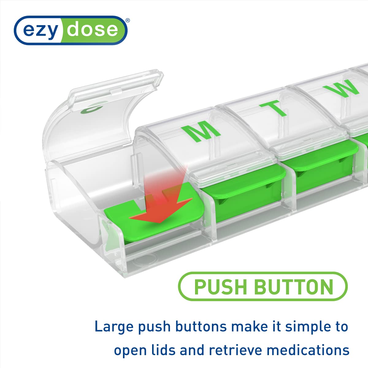 EZY DOSE Weekly (7-Day) Pill Planner, Medicine Case, Vitamin Organizer Box, X-Large Push-Button Compartments, Green
