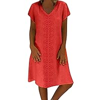 Women Summer Style V-Neck Short Sleeve Printed Cn and Linen Casual Plus Size Ladies Dress Loose Midi Dresses