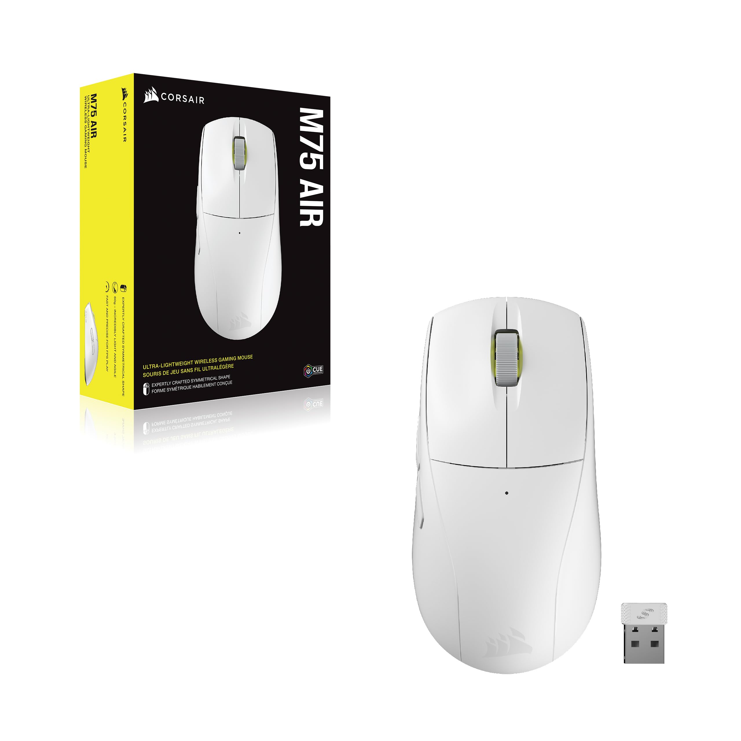 Corsair M75 AIR Wireless Ultra-Light FPS Gaming Mouse – 26,000 DPI – Ultra-Fast Input – Symmetric Shape – iCUE Compatible – PC, Mac – White