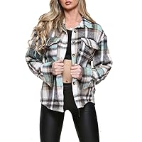Womens Check Pattern Fleece Shacket Oversized Jacket Button Down Tunic Shirt