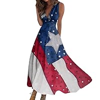 American Flag Dresses for Women 4th of July Casual Printed V-Neck Pullover Sleeveless Waist Dress