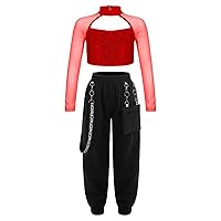 CHICTRY Kids Girls 2-Piece Hip Hop Dance Outfits Shiny Sequins Crop Tops with Chain Pocket Pants Suit Dancewear Red 8 Years
