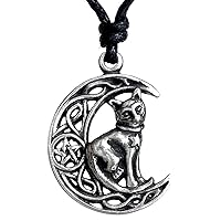 Cat Jewelry Celtic Crescent Moon Star Pentacle Pentagram Magic Wiccan Wicca Pagan Witch Witchcraft Protection Amulet Men's Pewter Pendant Necklace Lucky Good luck Charm Talisman for Men Women Girls