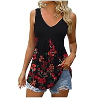 Tank Tops for Women 2023 Summer Sleeveless V Neck Tanks Casual Pleated Tunic Tops Floral Printed Basic T Shirts
