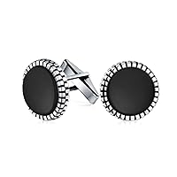 Classic Formal Geometric Blackened Pattern Edge Round Circle Genuine Black Onyx Shirt Cufflinks Men Groom Bullet Hinge .925 Sterling Silver