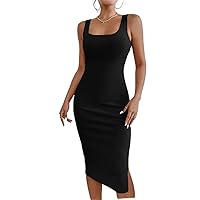 Dresses for Women Women's Dress Ribbed Knit Split Thigh Tank Dress Dresses (Color : Black, Size : Small)