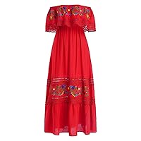 Mexican Dress for Women Floral Embroidery Maxi Off-Shoulder Ruffle Sleeveless Traditional Fiesta Dresses