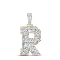 10K Two-tone Gold Mens Baguette Diamond R Initial Letter Charm Pendant 2 Ctw.