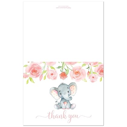 GenericJINCHENG 50 Pink Watercolor Floral Elephant Baby Shower Thank You Cards + Envelopes