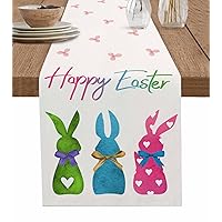 Happy Easter Table Runner 60 Inches Long for Dining Table, Washable Cotton Linen Farmhouse Table Runners Dresser Scarf for Kitchen Party Holiday Rabbit Botanical Watercolor Green Blue Pink