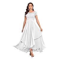 Chiffon Lace Mother of The Bride Dresses for Wedding Long Ruffle Short Sleeve Formal Evening Gown